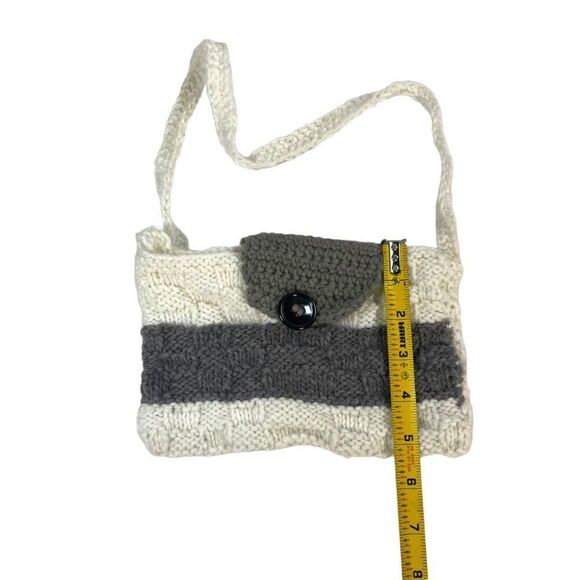 Handmade Crochet Knit Purse Button Closure White & Gray Striped Bag Boho Y2K - Picture 4 of 5